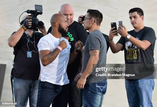 Flyweight champion Demetrious Johnson and Ray Borg face off during the UFC 215 & UFC 216 Title Bout Participants Las Vegas Media Day at the UFC...