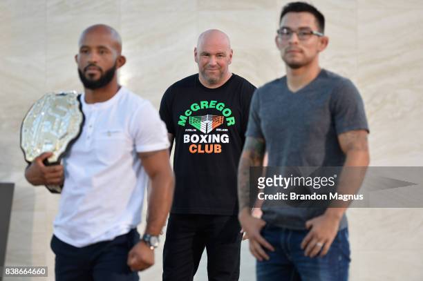 Flyweight champion Demetrious Johnson and Ray Borg pose during the UFC 215 & UFC 216 Title Bout Participants Las Vegas Media Day at the UFC...