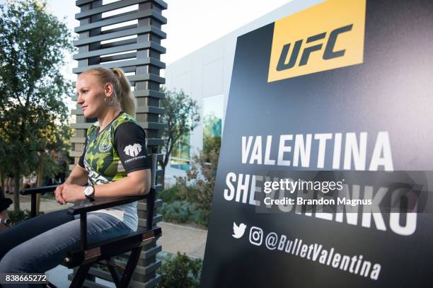 Valentina Shevchenko of Kyrgyzstan speaks to the media during the UFC 215 & UFC 216 Title Bout Participants Las Vegas Media Day at the UFC...