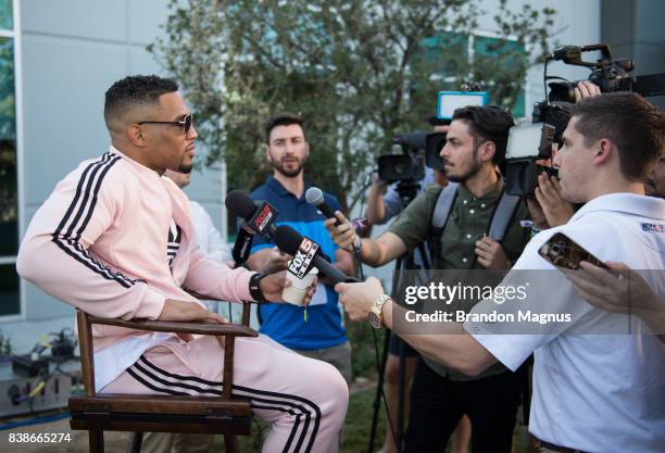 Kevin Lee speaks to the media during the UFC 215 & UFC 216 Title Bout Participants Las Vegas Media Day at the UFC Headquarters on August 24, 2017 in...