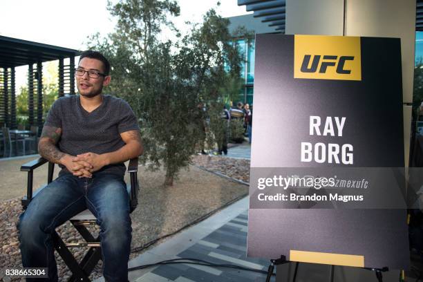 Ray Borg speaks to the media during the UFC 215 & UFC 216 Title Bout Participants Las Vegas Media Day at the UFC Headquarters on August 24, 2017 in...