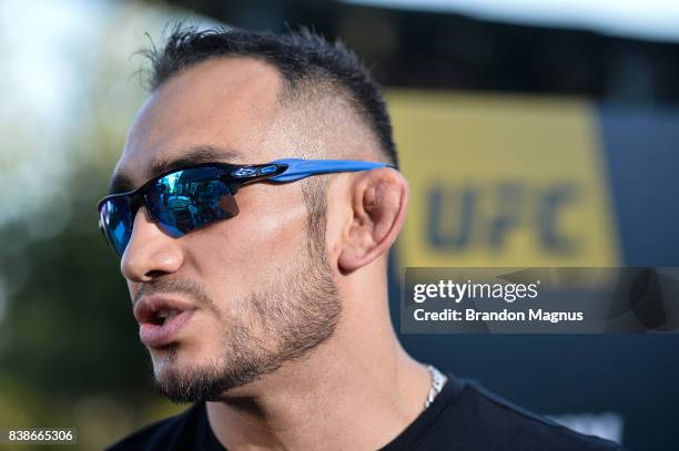 Tony Ferguson speaks to the media during the UFC 215 & UFC 216 Title Bout Participants Las Vegas Media Day at the UFC Headquarters on August 24, 2017...