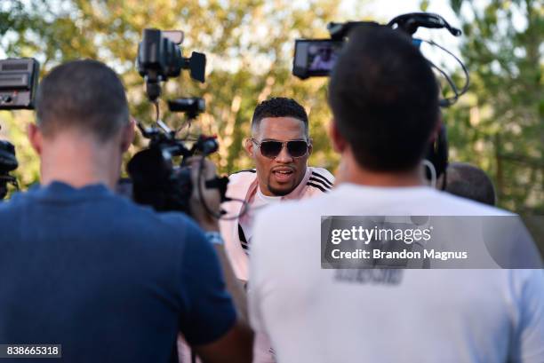 Kevin Lee speaks to the media during the UFC 215 & UFC 216 Title Bout Participants Las Vegas Media Day at the UFC Headquarters on August 24, 2017 in...