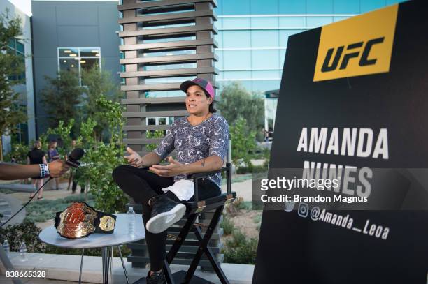 Women's bantamweight champion Amanda Nunes speaks to the media during the UFC 215 & UFC 216 Title Bout Participants Las Vegas Media Day at the UFC...