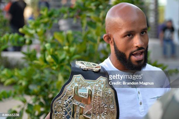 Flyweight champion Demetrious Johnson speaks to the media during the UFC 215 & UFC 216 Title Bout Participants Las Vegas Media Day at the UFC...