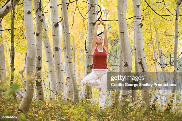 woman doing yoga amongst fall aspen trees - op een been staan stockfoto's en -beelden