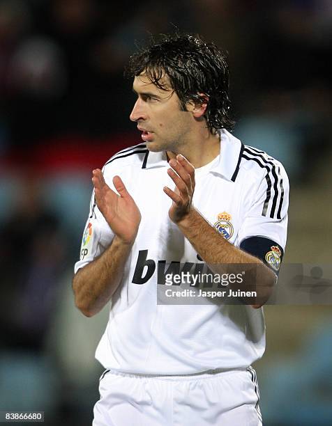 Real madrid team captain Raul Gonzalez applauds his teammates during the La Liga match between Getafe and Real Madrid at the Coliseum Alfonso Perez...