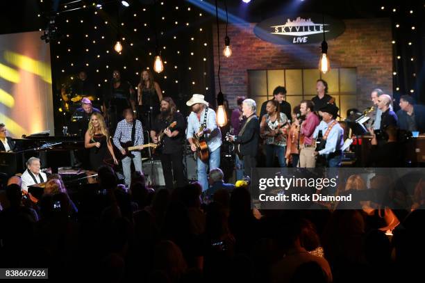 Jerry Lee Lewis, Lee Ann Womack, Chris Stapleton, Toby Keith, Kris Kristofferson, Waylon Payne, and George Strait perform onstage during Skyville...