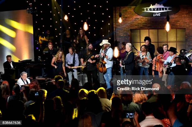 Jerry Lee Lewis, Lee Ann Womack, Chris Stapleton, Toby Keith, Kris Kristofferson, Waylon Payne, and George Strait perform onstage during Skyville...