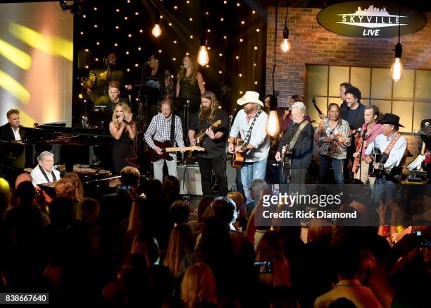 Jerry Lee Lewis, Lee Ann Womack, Chris Stapleton, Toby Keith, Kris Kristofferson, Waylon Payne, and George Strait perform onstage during Skyville...