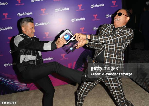 Jorge Bernal and Alexis Valdes are seen in the press room during Telemundo's "Premios Tu Mundo" at AmericanAirlines Arena on August 24, 2017 in...