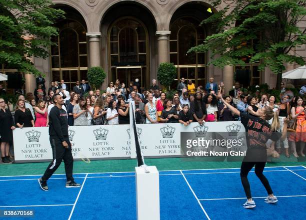 Tennis players Nick Kyrgios and Eugenie Bouchard play badminton during the 2017 Lotte New York Palace Invitational at Lotte New York Palace on August...