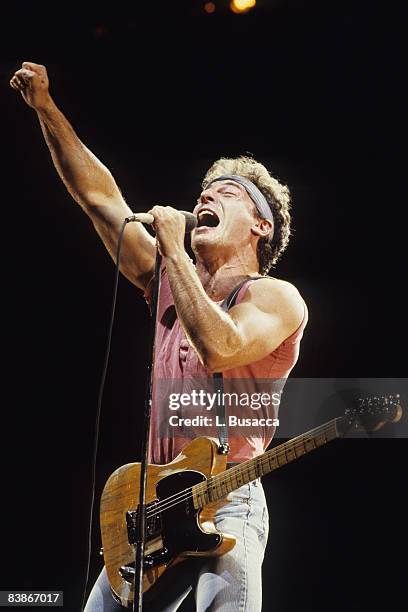 American musician Bruce Springsteen performs in concert, New York, New York, circa 1989.