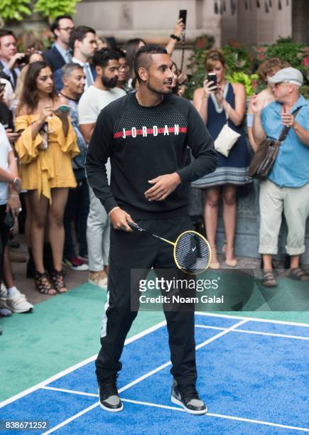 Tennis player Nick Kyrgios plays badminton during the 2017 Lotte New York Palace Invitational at Lotte New York Palace on August 24, 2017 in New York...