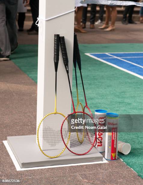View of badminton rackets and shuttlecocks at the 2017 Lotte New York Palace Invitational at Lotte New York Palace on August 24, 2017 in New York...