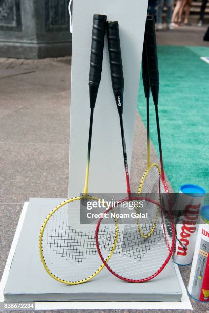 View of badminton rackets and shuttlecocks at the 2017 Lotte New York Palace Invitational at Lotte New York Palace on August 24, 2017 in New York...