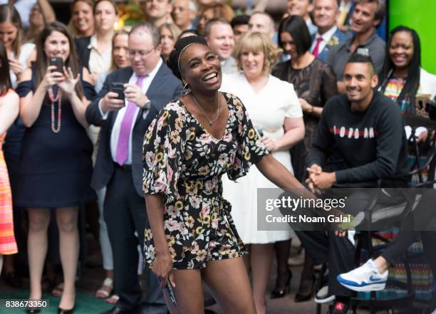 Tennis player Venus Williams plays badminton during the 2017 Lotte New York Palace Invitational at Lotte New York Palace on August 24, 2017 in New...