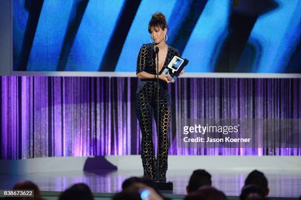 Carmen Villalobos accepts award on stage at Telemundo's 2017 "Premios Tu Mundo" at American Airlines Arena on August 24, 2017 in Miami, Florida.