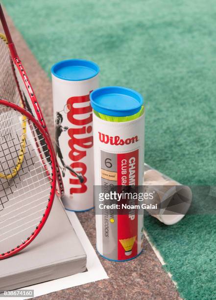View of badminton shuttlecocks and rackets at the 2017 Lotte New York Palace Invitational at Lotte New York Palace on August 24, 2017 in New York...