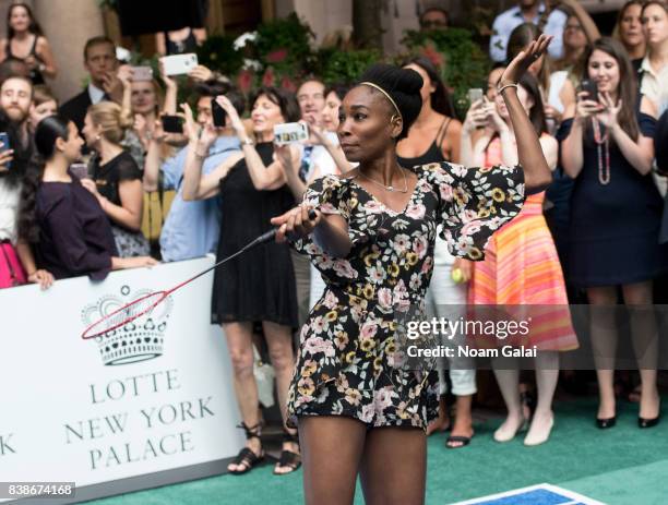 Tennis player Venus Williams plays badminton during the 2017 Lotte New York Palace Invitational at Lotte New York Palace on August 24, 2017 in New...