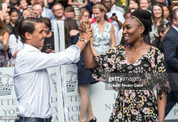 Tennis players Rafael Nadal and Venus Williams play badminton during the 2017 Lotte New York Palace Invitational at Lotte New York Palace on August...