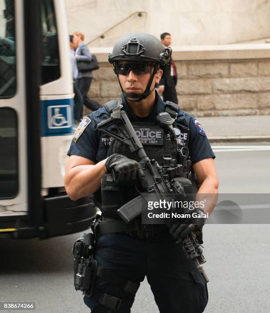 Emergency Service Unit officer is seen outside the 2017 Lotte New York Palace Invitational at Lotte New York Palace on August 24, 2017 in New York...