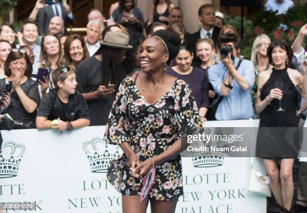 Tennis player Venus Williams plays badminton during the 2017 Lotte New York Palace Invitational at Lotte New York Palace on August 24, 2017 in New...