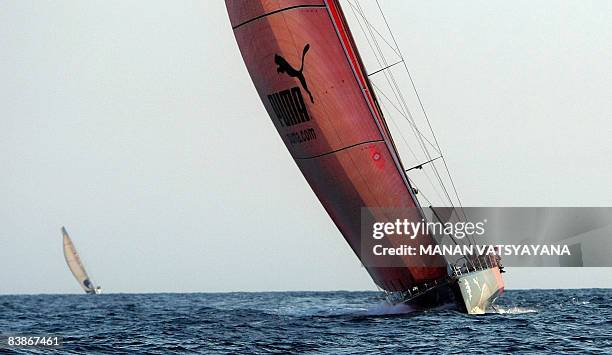 The Puma Ocean yatch and Delta Lloyd compete for fifth place at Port Cochin in Kochi on December 1 in leg two of the Volvo Ocean Race, from Cape...