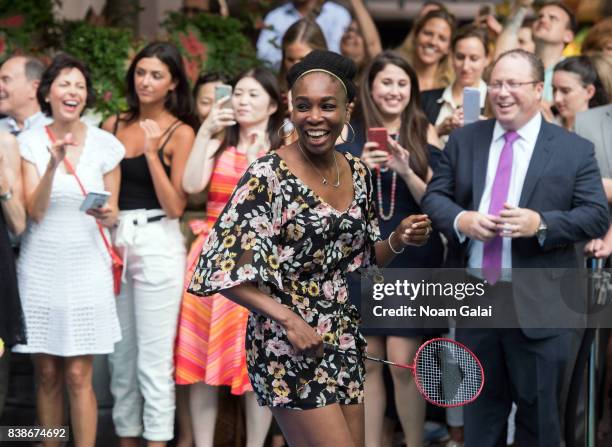 Tennis player Venus Williams plays badminton during the 2017 Lotte New York Palace Invitational at Lotte New York Palace on August 24, 2017 in New...