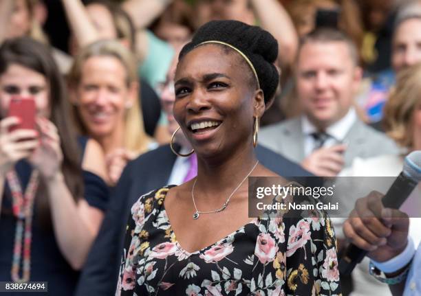 Tennis player Venus Williams plays badminton during the 2017 Lotte New York Palace Invitational at Lotte New York Palace on August 24, 2017 in New...