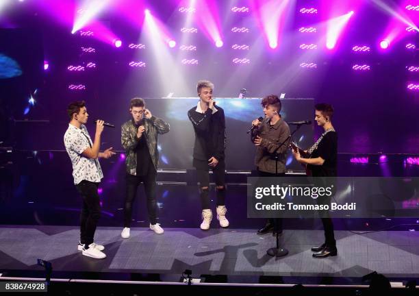 Jonah Marais, Jack Avery, Corbyn Besson, Zach Herron and Daniel Seavey of Why Don't We perform onstage during MTV Presents "VMA Weekend" at Avalon on...