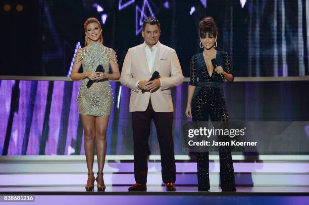 Fernanda Castillo, Daniel Sarcos and Carmen Villalobos on stage at Telemundo's 2017 "Premios Tu Mundo" at American Airlines Arena on August 24, 2017...