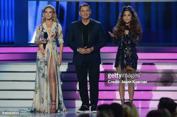 Fernanda Castillo, Daniel Sarcos and Carmen Villalobos on stage at Telemundo's 2017 "Premios Tu Mundo" at American Airlines Arena on August 24, 2017...