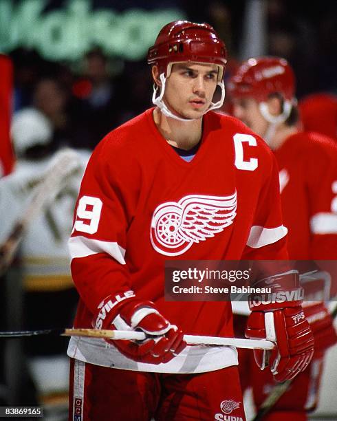 Steve Yzerman of the Detroit Red Wings skates against the Boston Bruins at Boston Garden.