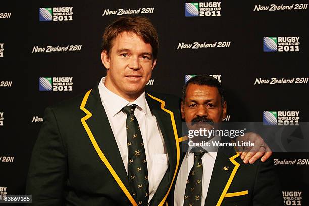 John Smit the South Africa captain and Pieter De Villiers the South Africa coach pose for the camerasduring the IRB Rugby World Cup 2011 Pool...