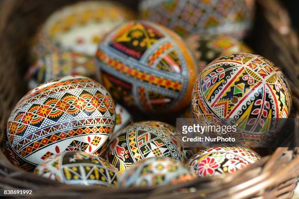 Traditional hand decorated 'Pisanki' made in Ukraine on display for sale during 'Ukrainian Day' at the 41st International Folk Art and Craft Fair in...