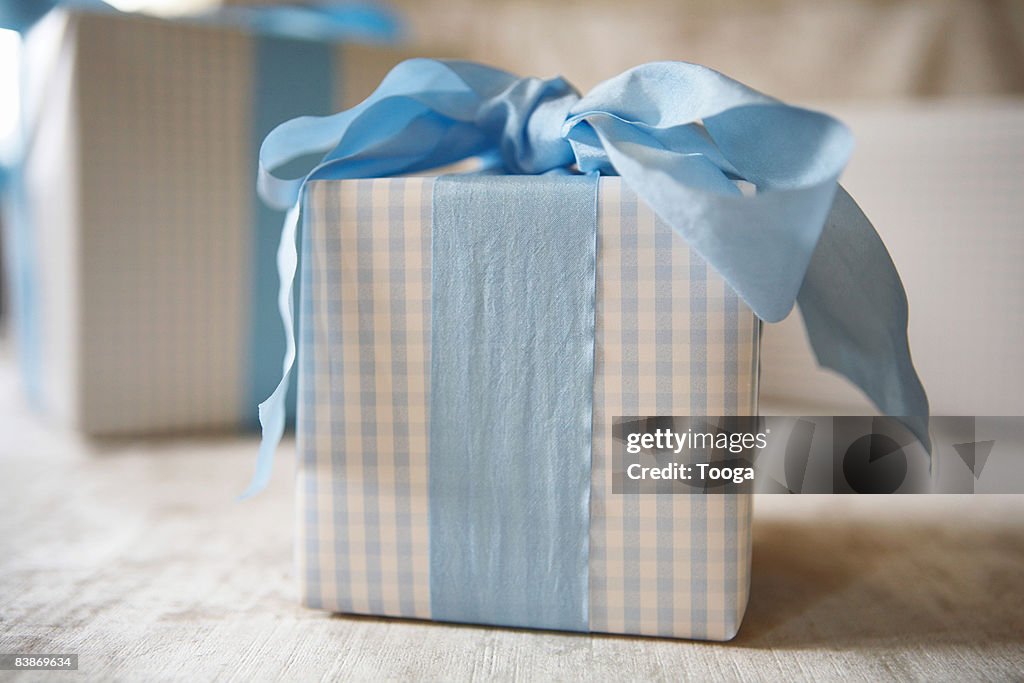 Blue gingham gift with blue ribbon
