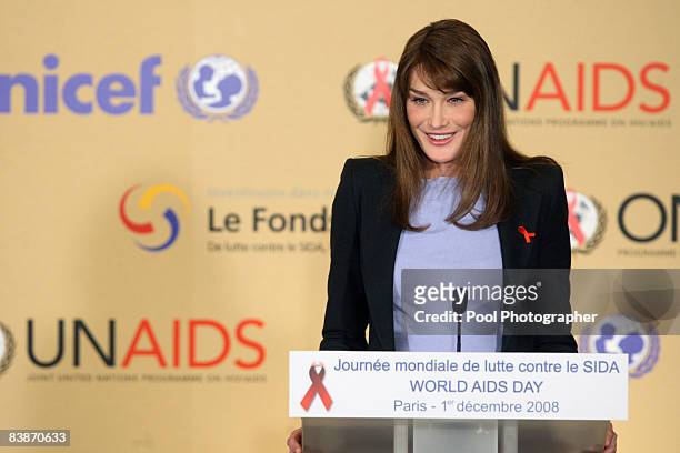 Carla Bruni-Sarkozy speaks at a press confernce held at the Hotel Marigny on December 1, 2008 in Paris France. Bruni-Sarkozy chose World Aids Day on...