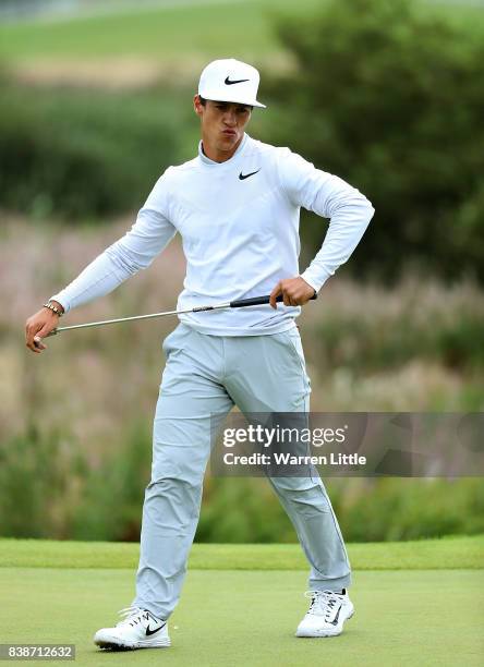 Thorbjorn Olesen of Denmark reacts to a putt on the 2nd hole during day two of Made in Denmark at Himmerland Golf & Spa Resort on August 25, 2017 in...
