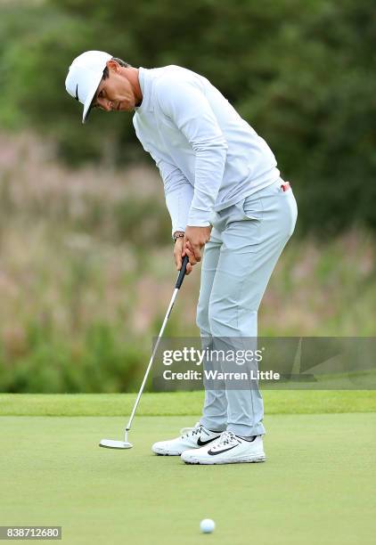 Thorbjorn Olesen of Denmark putts on the 2nd hole during day two of Made in Denmark at Himmerland Golf & Spa Resort on August 25, 2017 in Aalborg,...