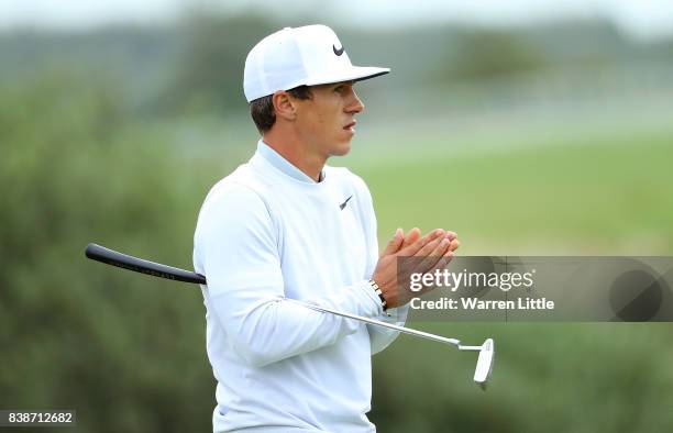 Thorbjorn Olesen of Denmark reacts to a putt on the 2nd hole during day two of Made in Denmark at Himmerland Golf & Spa Resort on August 25, 2017 in...