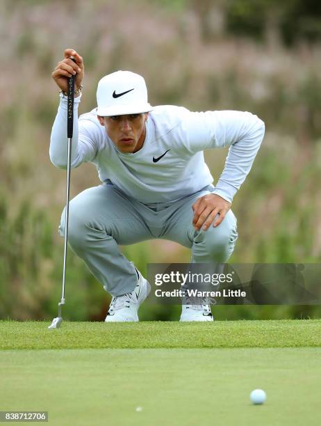 Thorbjorn Olesen of Denmark lines up a putt on the 2nd hole during day two of Made in Denmark at Himmerland Golf & Spa Resort on August 25, 2017 in...