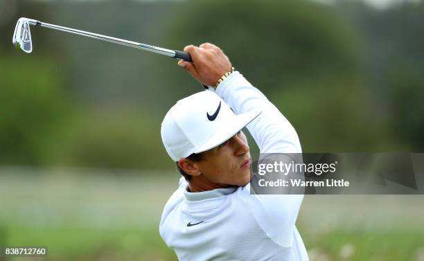Thorbjorn Olesen of Denmark hits his tee shot on the 2nd hole during day two of Made in Denmark at Himmerland Golf & Spa Resort on August 25, 2017 in...