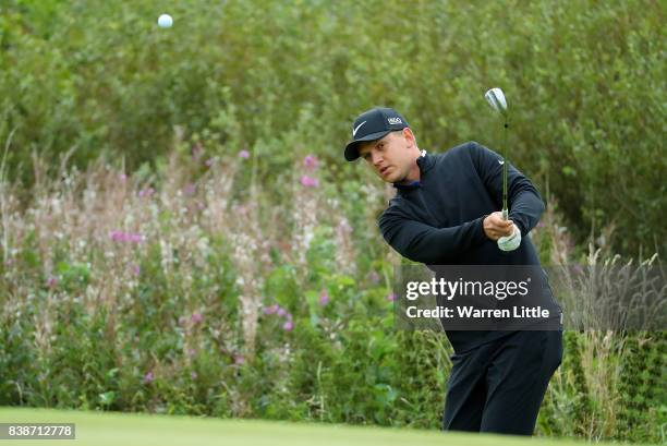 Christian Baech of Denmark chips on to the 2nd green during day two of Made in Denmark at Himmerland Golf & Spa Resort on August 25, 2017 in Aalborg,...