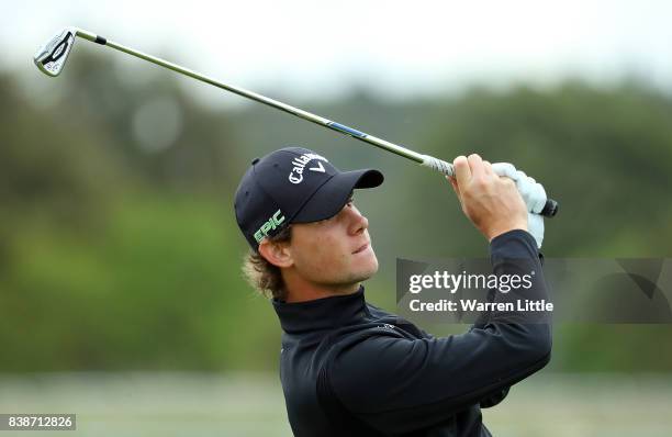 Thomas Pieters of Belgium hits his tee shot on the 2nd hole during day two of Made in Denmark at Himmerland Golf & Spa Resort on August 25, 2017 in...