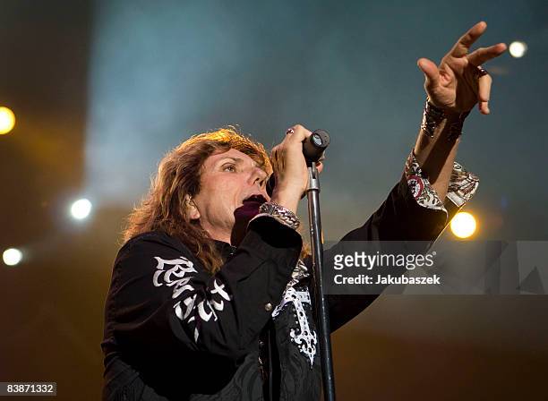 Singer David Coverdale of the British hard rock band Whitesnake performs live during a concert at the Max-Schmeling-Halle on December 1, 2008 in...