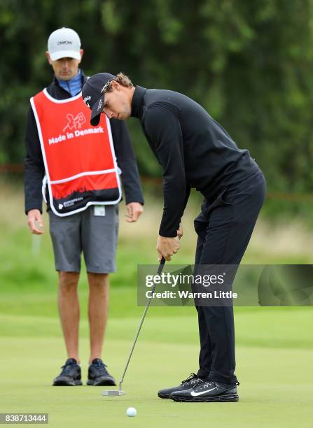 Thomas Pieters of Belgium putts on the 1st hole during day two of Made in Denmark at Himmerland Golf & Spa Resort on August 25, 2017 in Aalborg,...