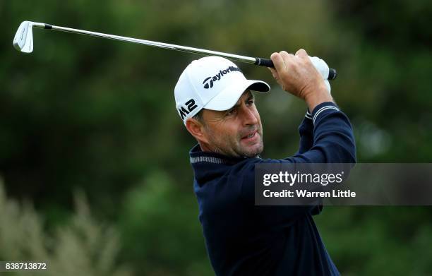 Richard Bland of England hits his tee shot on the 2nd hole during day two of Made in Denmark at Himmerland Golf & Spa Resort on August 25, 2017 in...