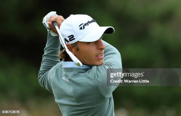 Joakim Lagergren of Sweden hits his tee shot on the 2nd hole during day two of Made in Denmark at Himmerland Golf & Spa Resort on August 25, 2017 in...