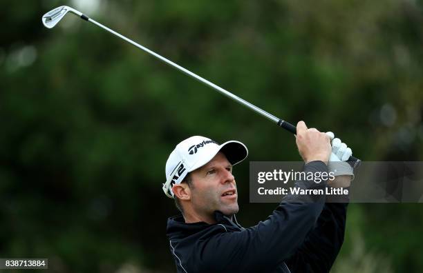 Bradley Dredge of Wales hits his tee shot on the 2nd hole during day two of Made in Denmark at Himmerland Golf & Spa Resort on August 25, 2017 in...